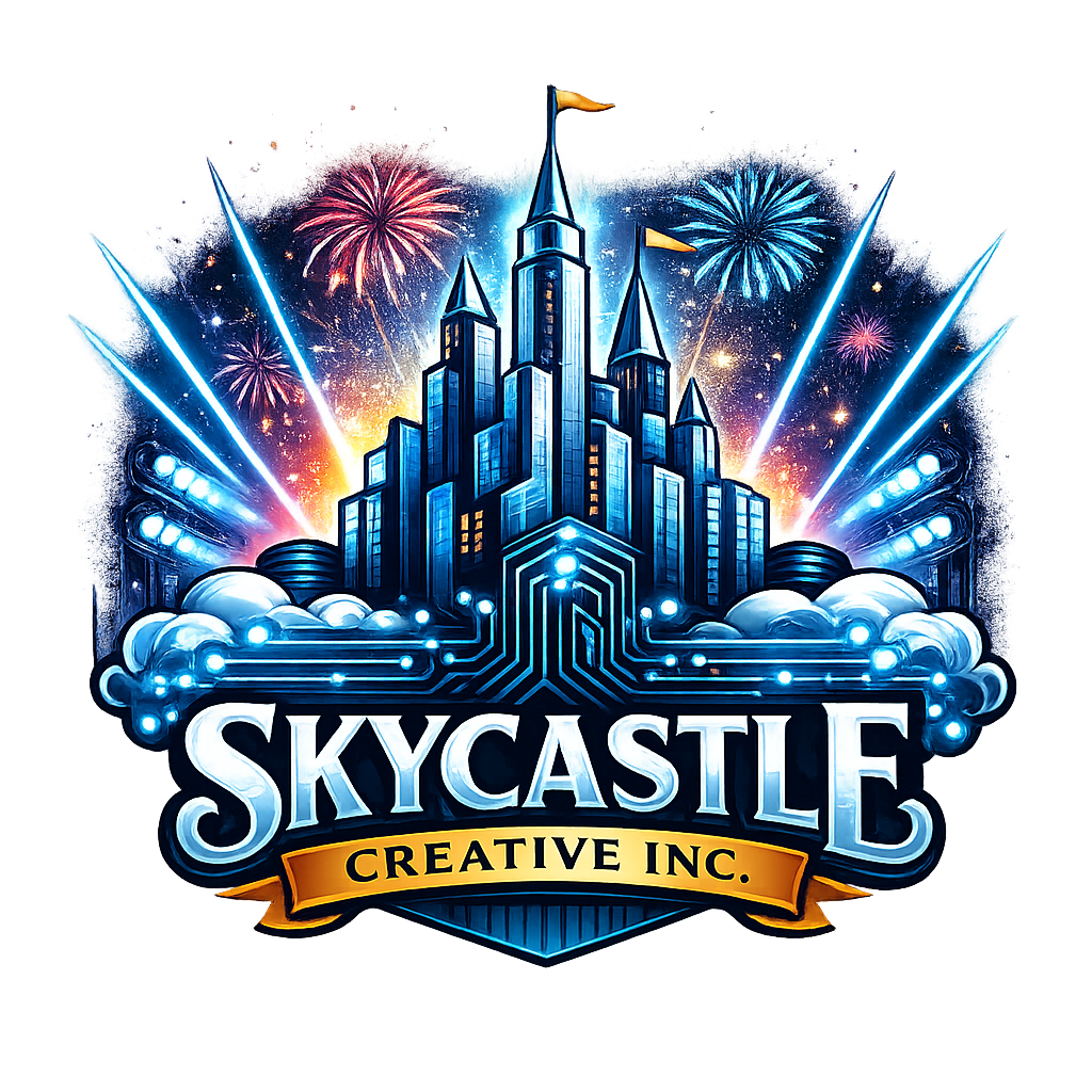Skycastle Creative Inc. logo featuring a futuristic castle, circuit-like details, and fireworks.